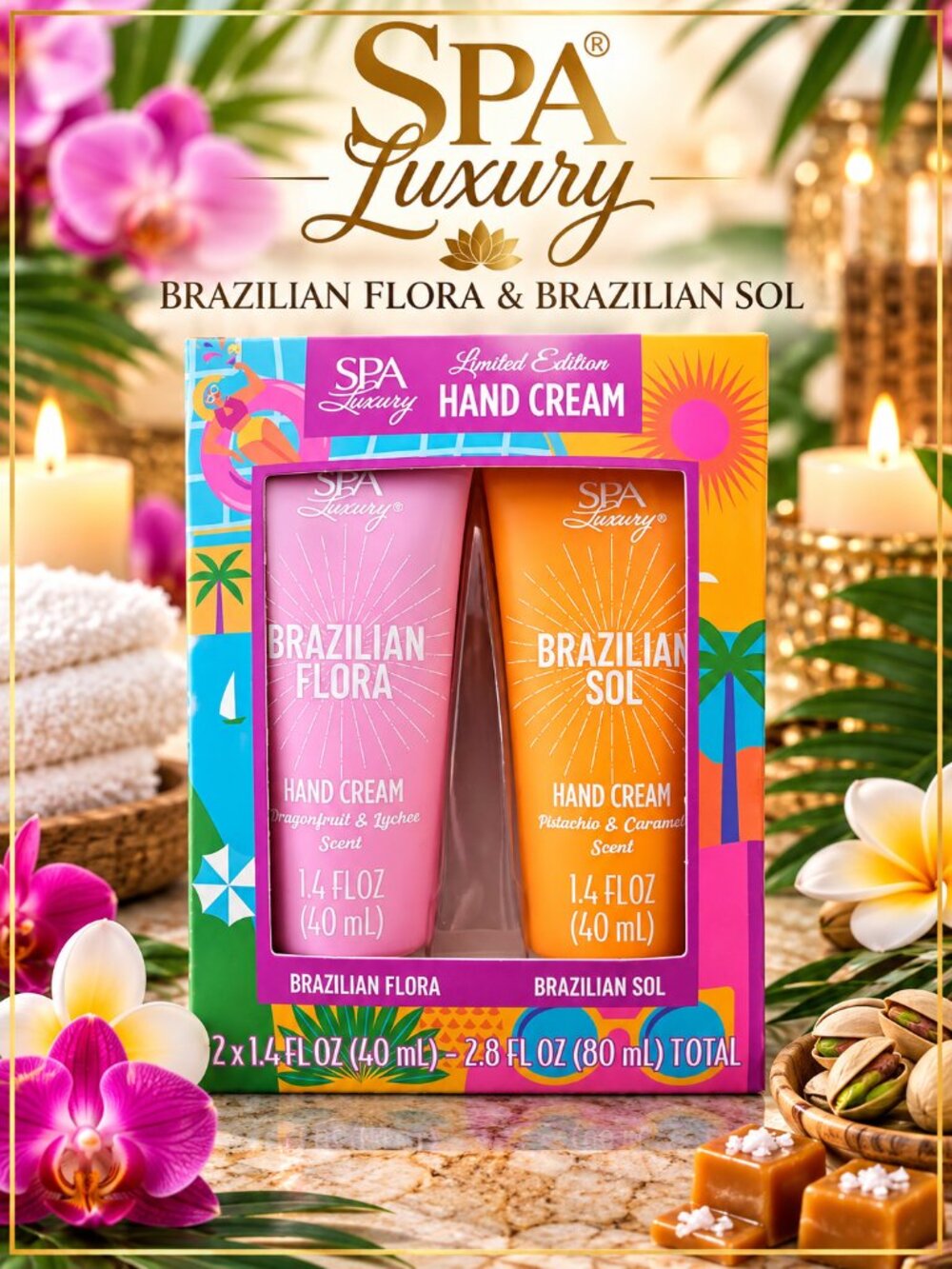 NIB Spa Luxury Brazilian Sol & Brazilian Flora Hand Creme Duo Limited Ed 1.4oz